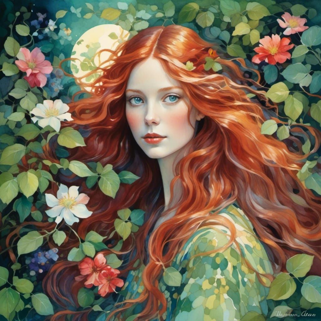 Woman with Red Hair in Watercolor Gouache Style