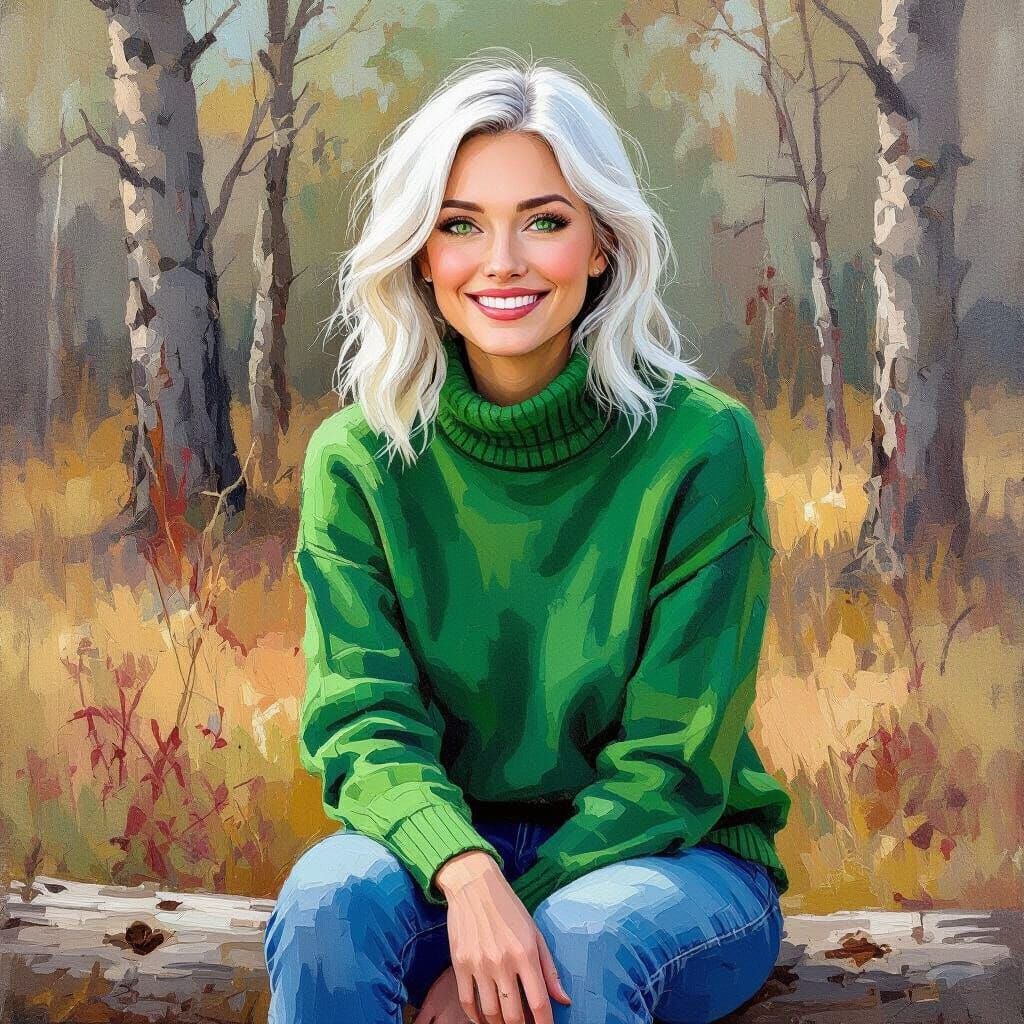 Young Woman in Green Sweater Sitting on Log, Neo-Impressioni...