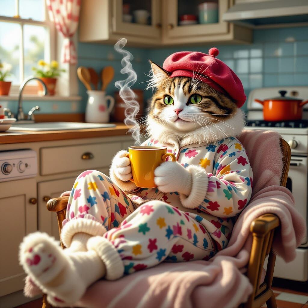 Cat Lounging in Retro Kitchen, Fantasy Concept Art