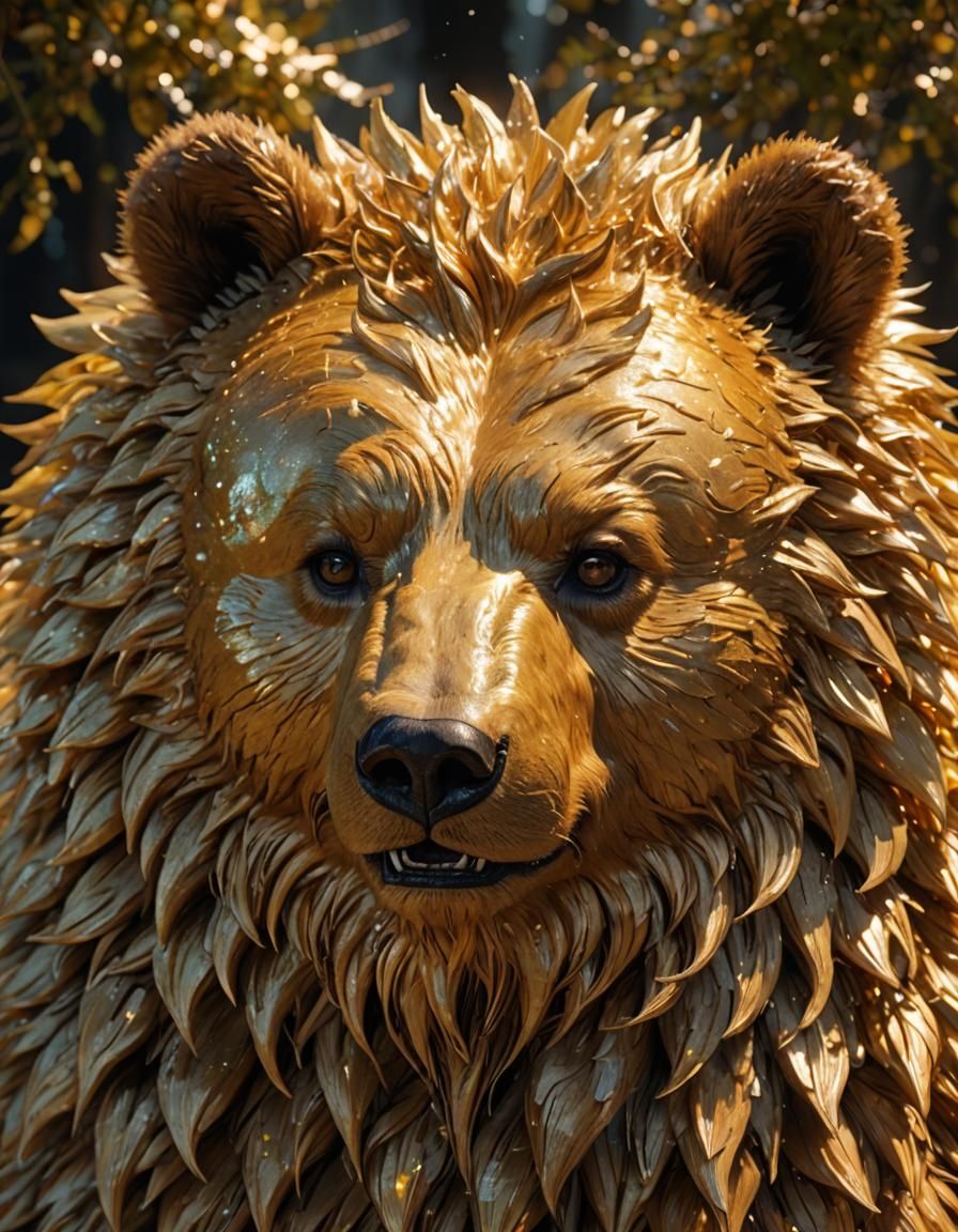 Substance Designer aurora photorealistic sunshine rays; heavy bear Golden honey colored fur, enchanteddreamcore iridesce...