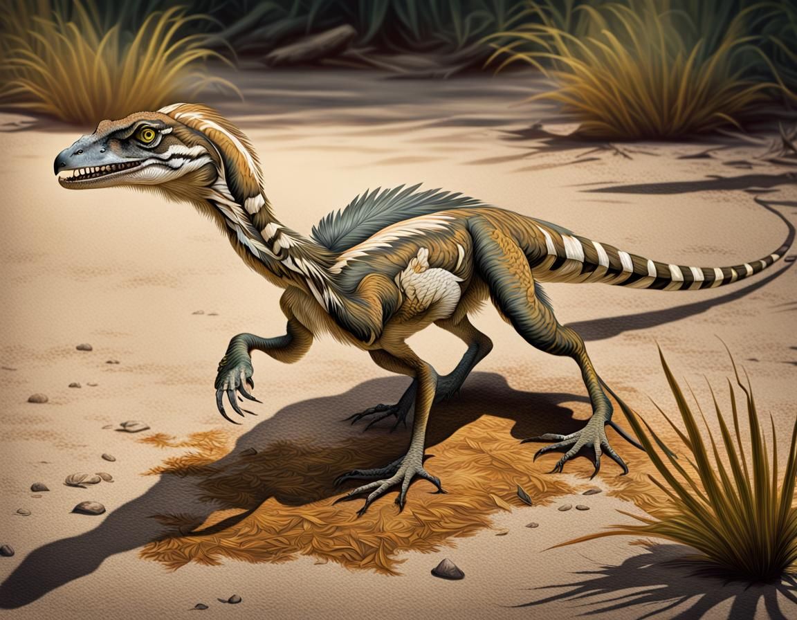 art by Audubon Society, illustration, beautiful prehistoric elegant feathered velociraptor on the ground, naturalistic c...