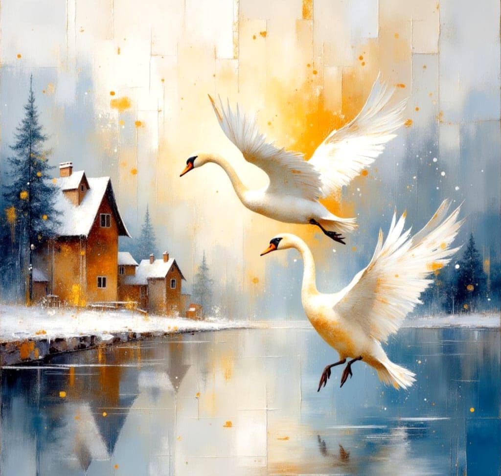 Swans Ascending: Impressionist Watercolour with Gold Leaf