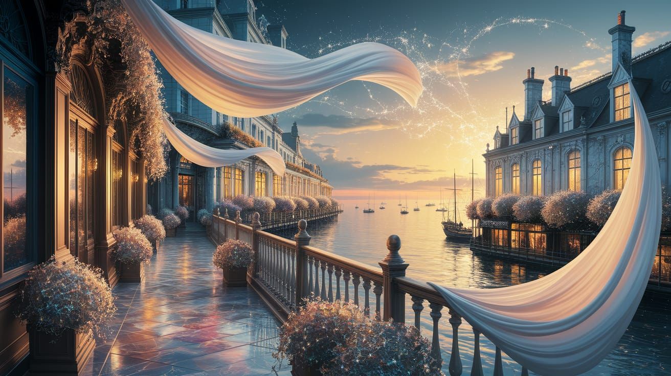 Fantasy Balcony with Flowing Sheets Over Golden Hour Street