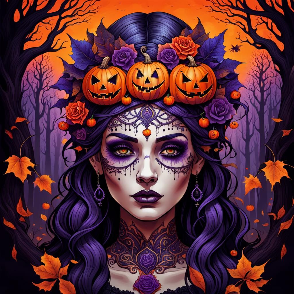 Mysterious Woman with Jack-o'-Lantern in Eerie Forest