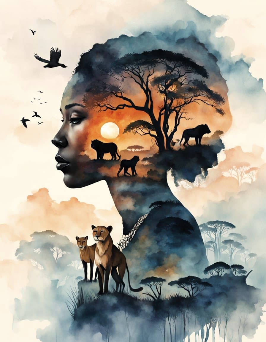 African Beauty Double Exposure: Savannah Dreamscape