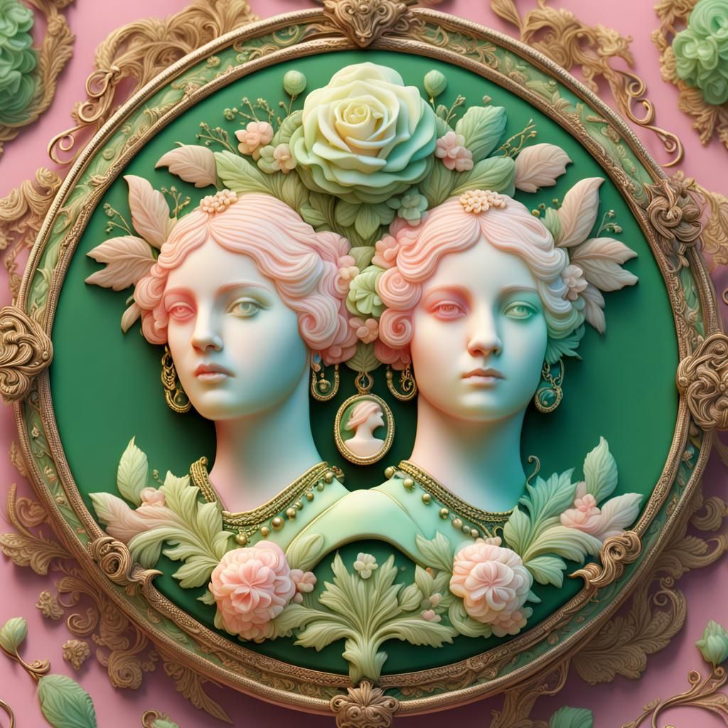 Vintage cameo pendant, pink green cream, two female faces on...