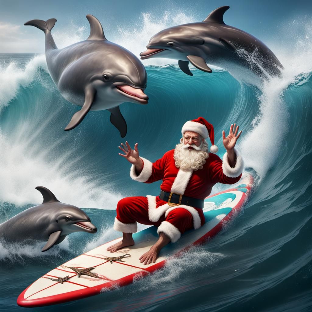 Santa Claus Surfing with Dolphins, Fantasy Art