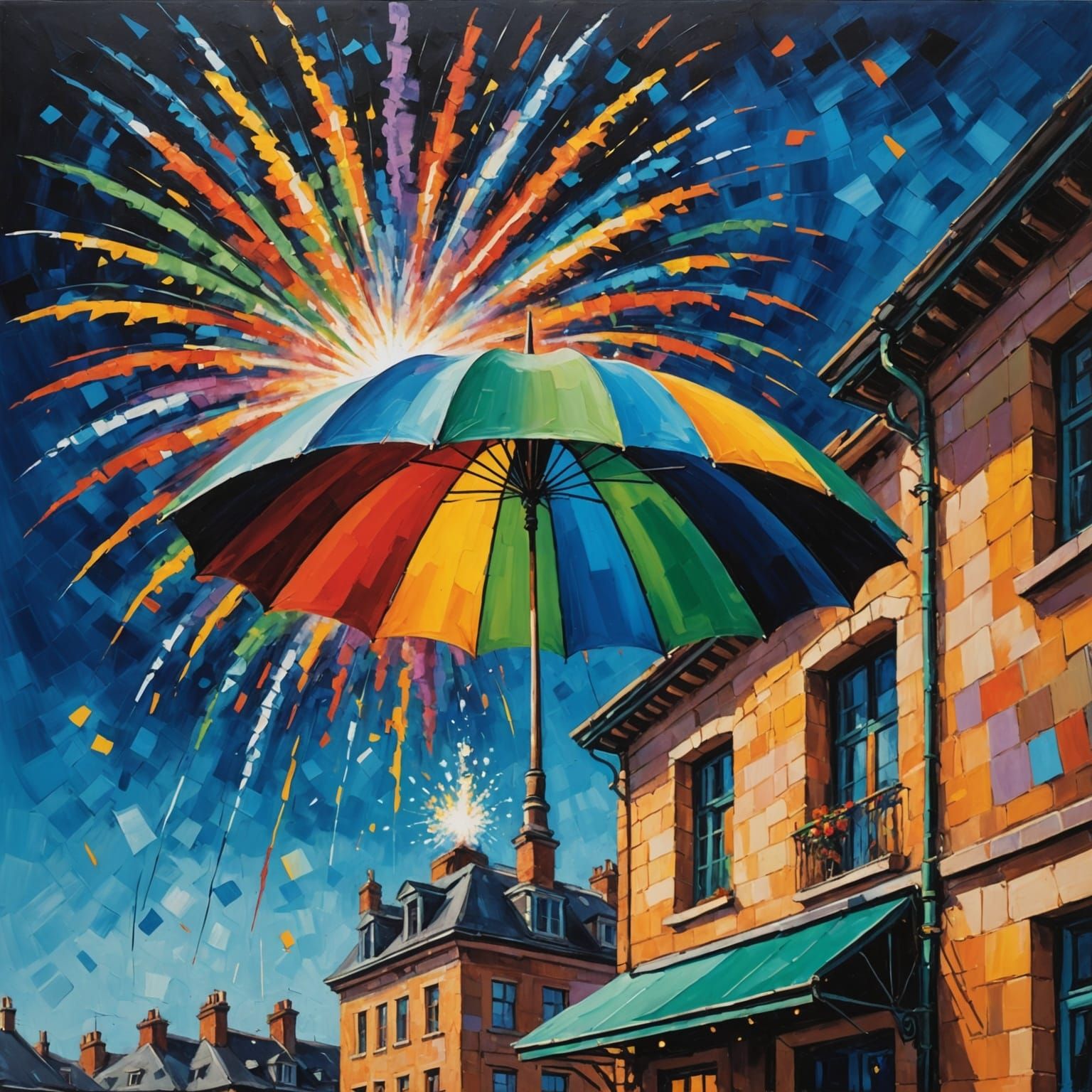 Fireworks exploding from the top of an umbrella on top of a building