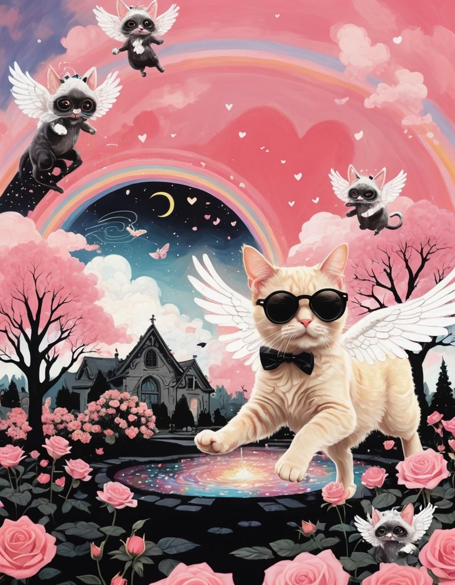Mystical Cat With Wings in Psychedelic Garden