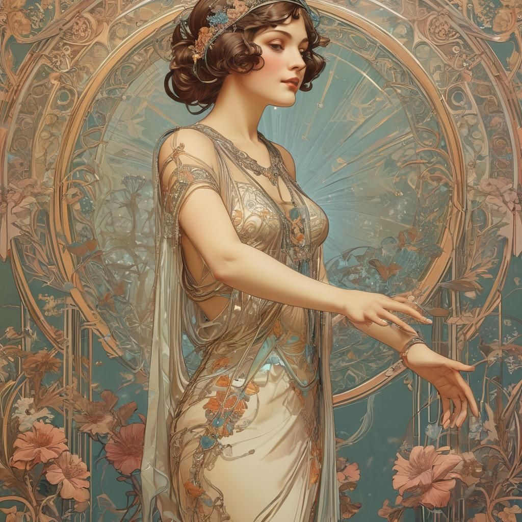 Art Nouveau Poster: Flappers with Holographic Computers