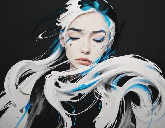 Expressive Portrait of Woman with Blue Lips, Black Smears