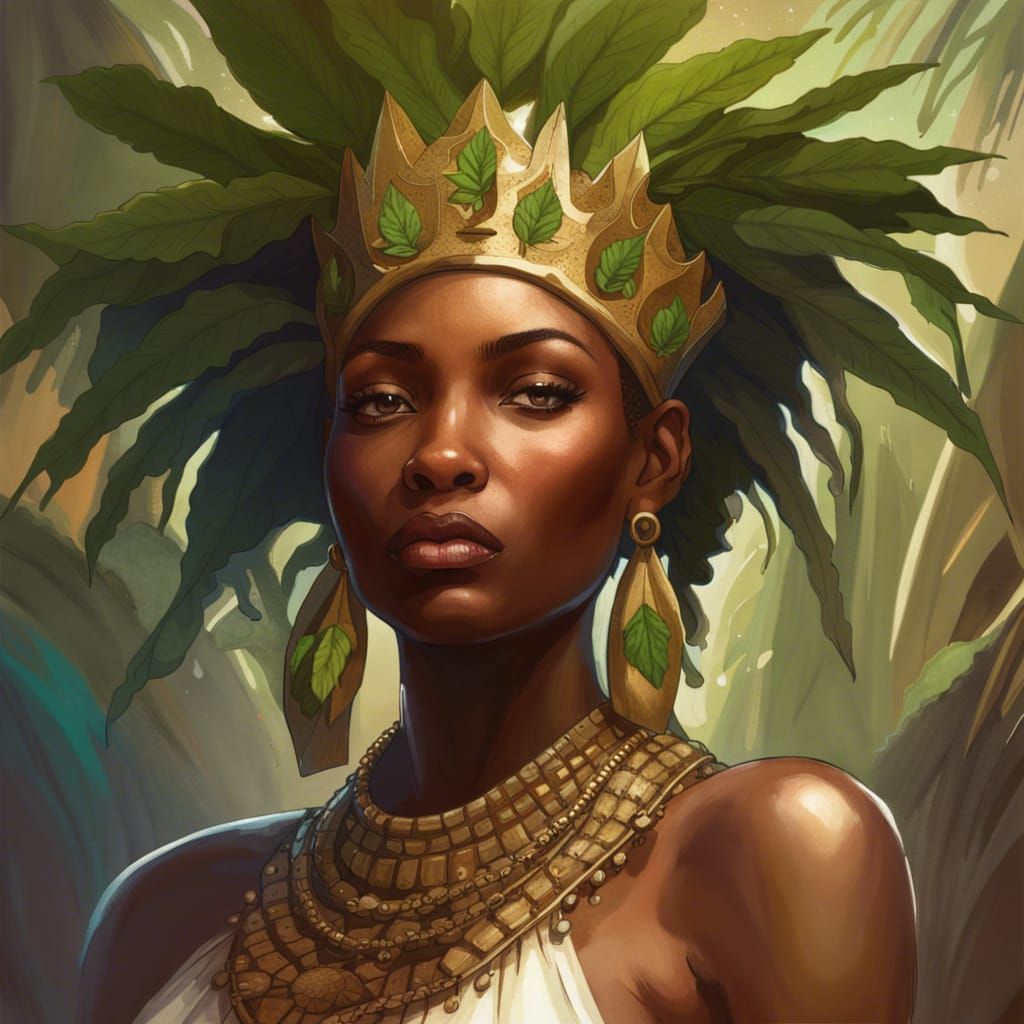 Nubian Queen with Cannabis Crown: Detailed Portrait