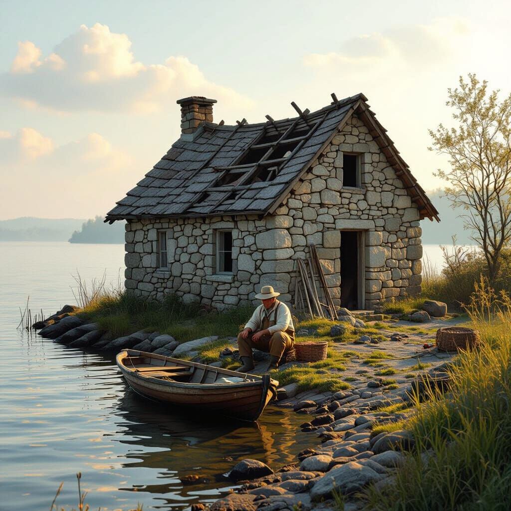 Abandoned Fisherman's House on Lake in Rural Style