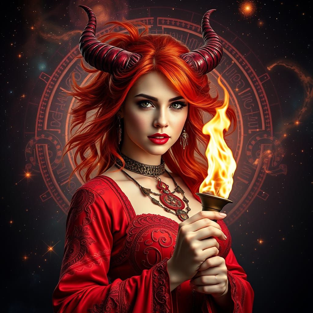 Aries Woman with Fiery Hair and Demonic Horns
