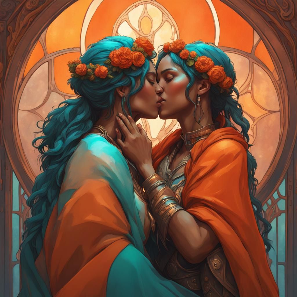 Lesbian Couple Kissing with Pride Blanket