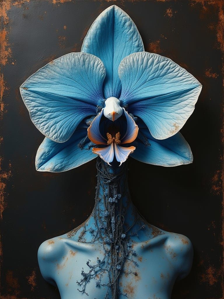 Cyborg Botanist Amidst Elaborate Orchids in Sapphire Blue