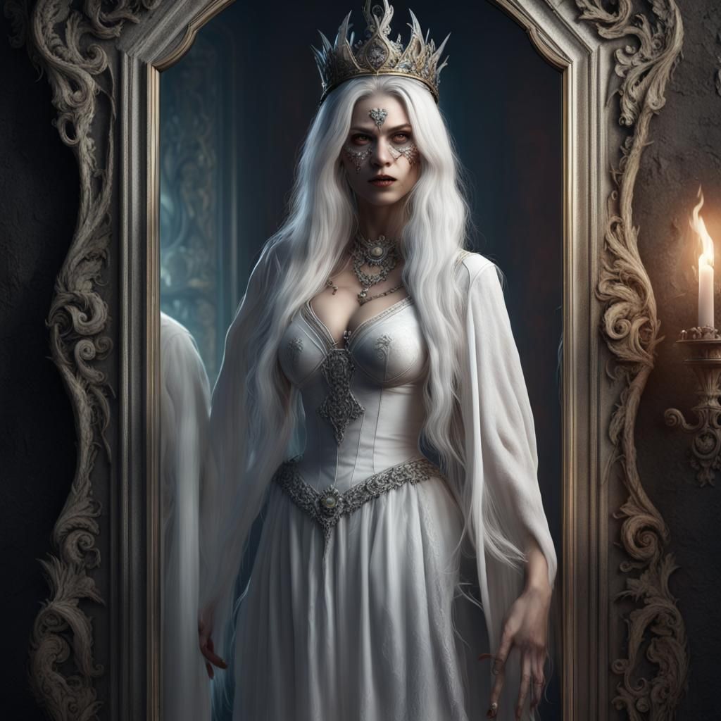 Lady in White Emerging From Mirror in Horror Style