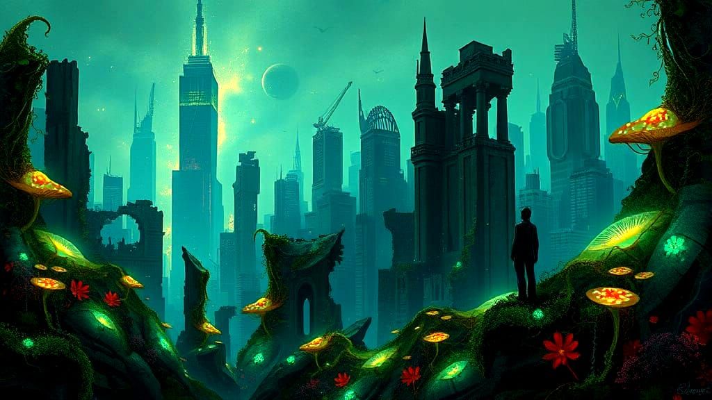 Bioluminescent Flora Reclaims City in Abstract Style