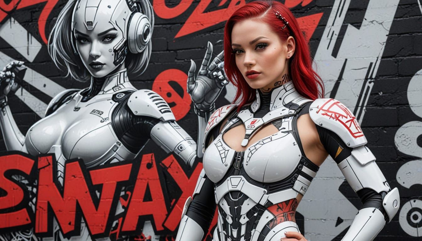 Cyberpunk Pin-Up Girl in Graffiti Backdrop