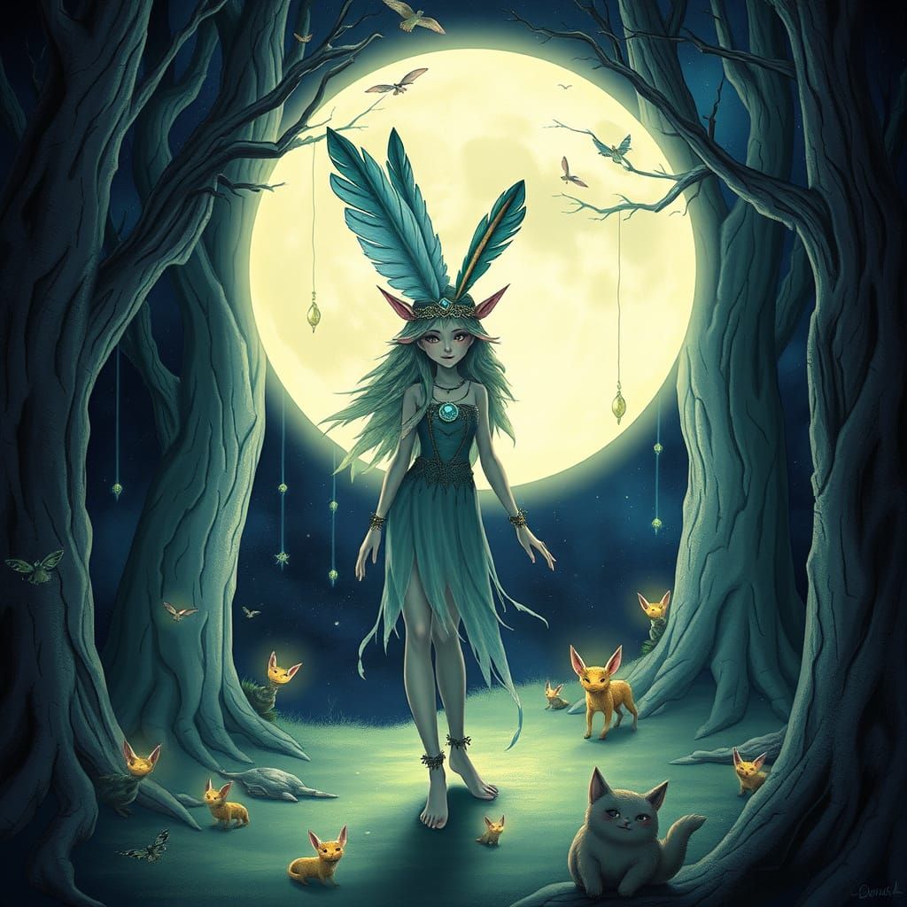 Moon Elf Druid in Enchanted Forest, Fantasy Art