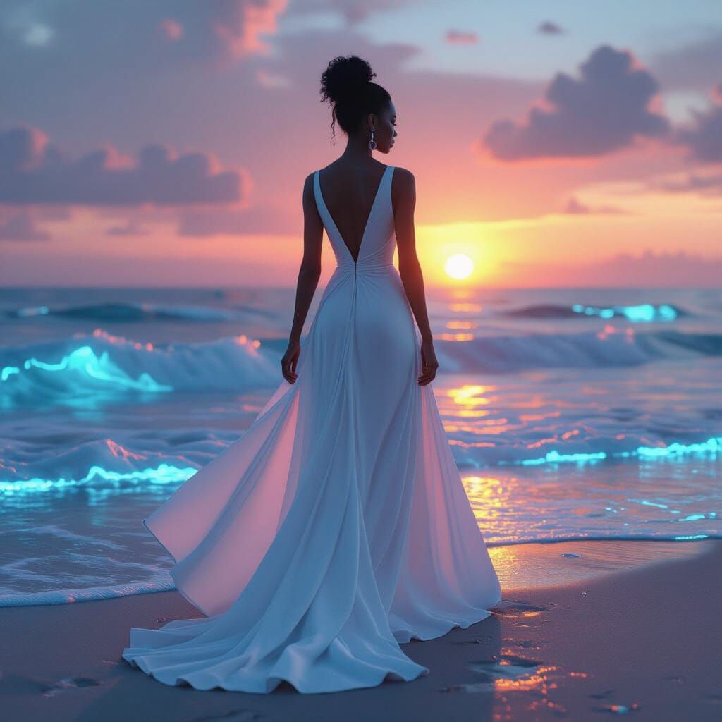 Futuristic Woman on Bioluminescent Beach at Sunset