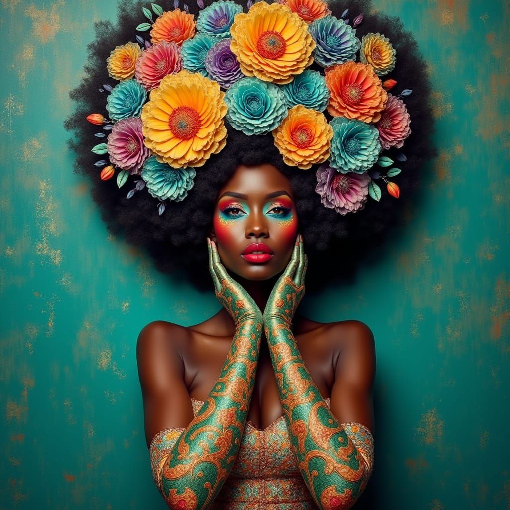 African Woman in Vibrant Floral Afro with Kaleidoscope Makeu...