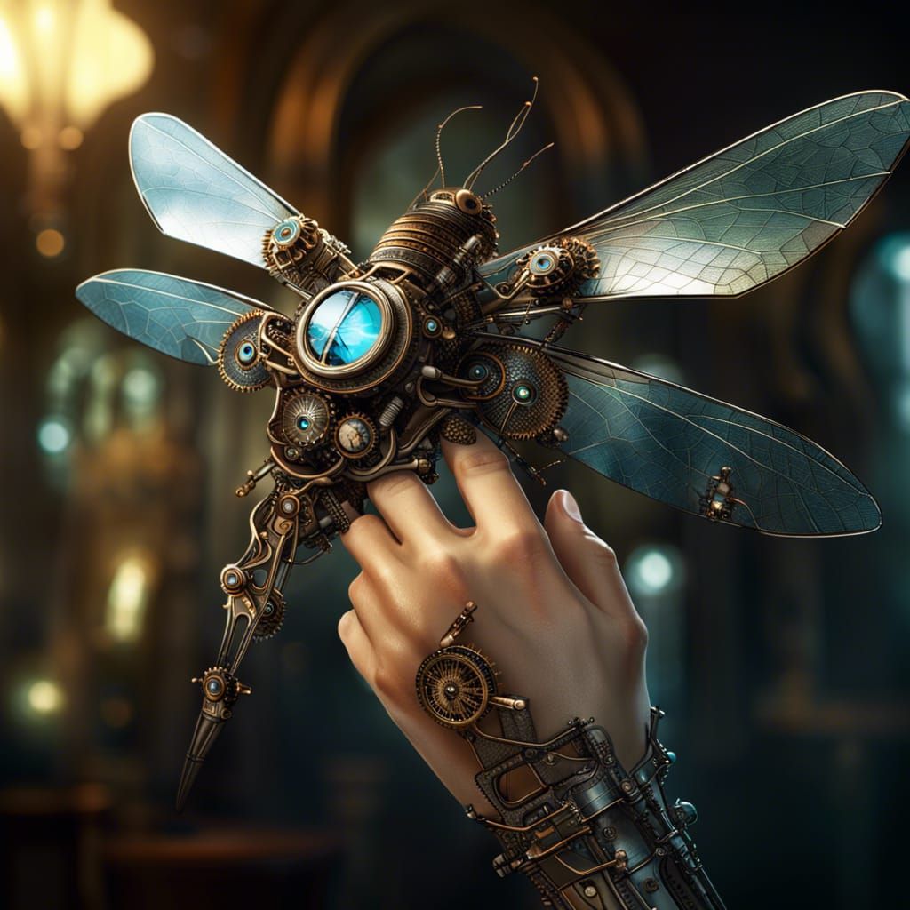Steampunk Dragonfly on Finger, Hyper-Realistic Digital Art