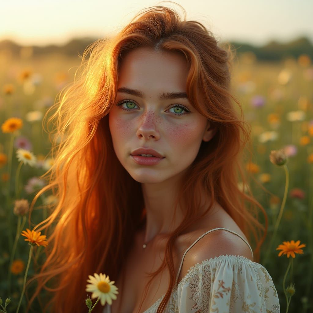 Auburn Beauty in a Field of Wildflowers, Hyperreal Portrait