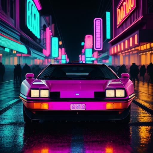 Lamborghini in Retro Synthwave Neon Cityscape