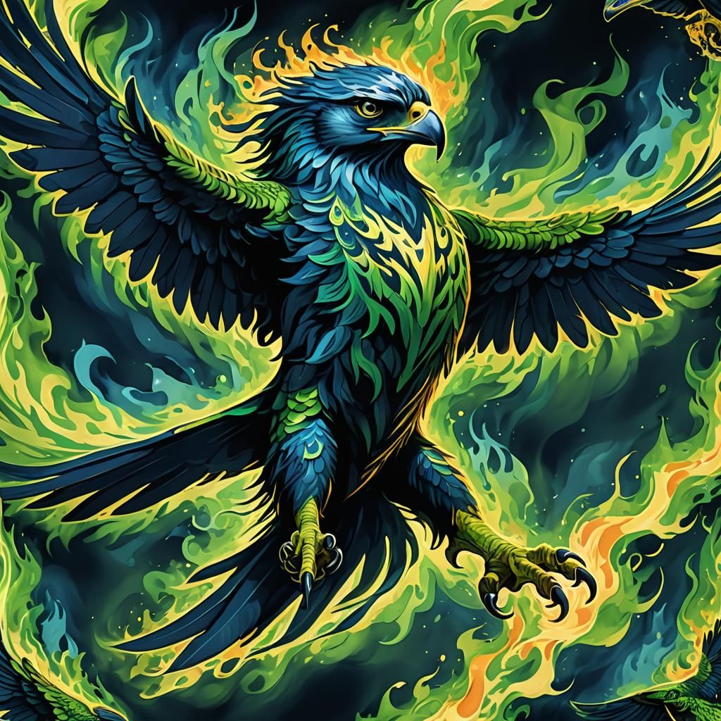 Ethereal Flaming Seahawk in Motion: A Digital Painting