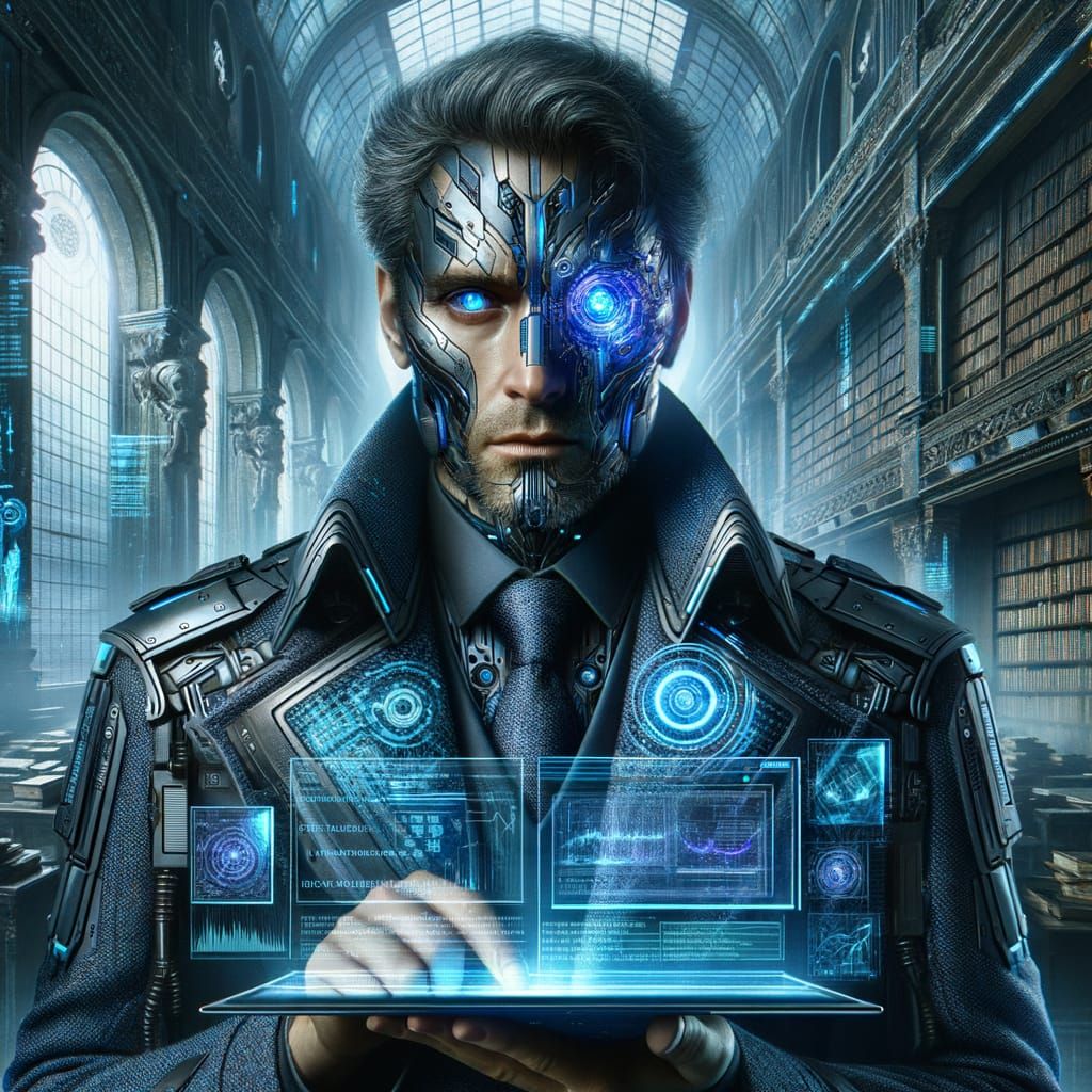 Cyberpunk Professor in Ancient Library Ruins