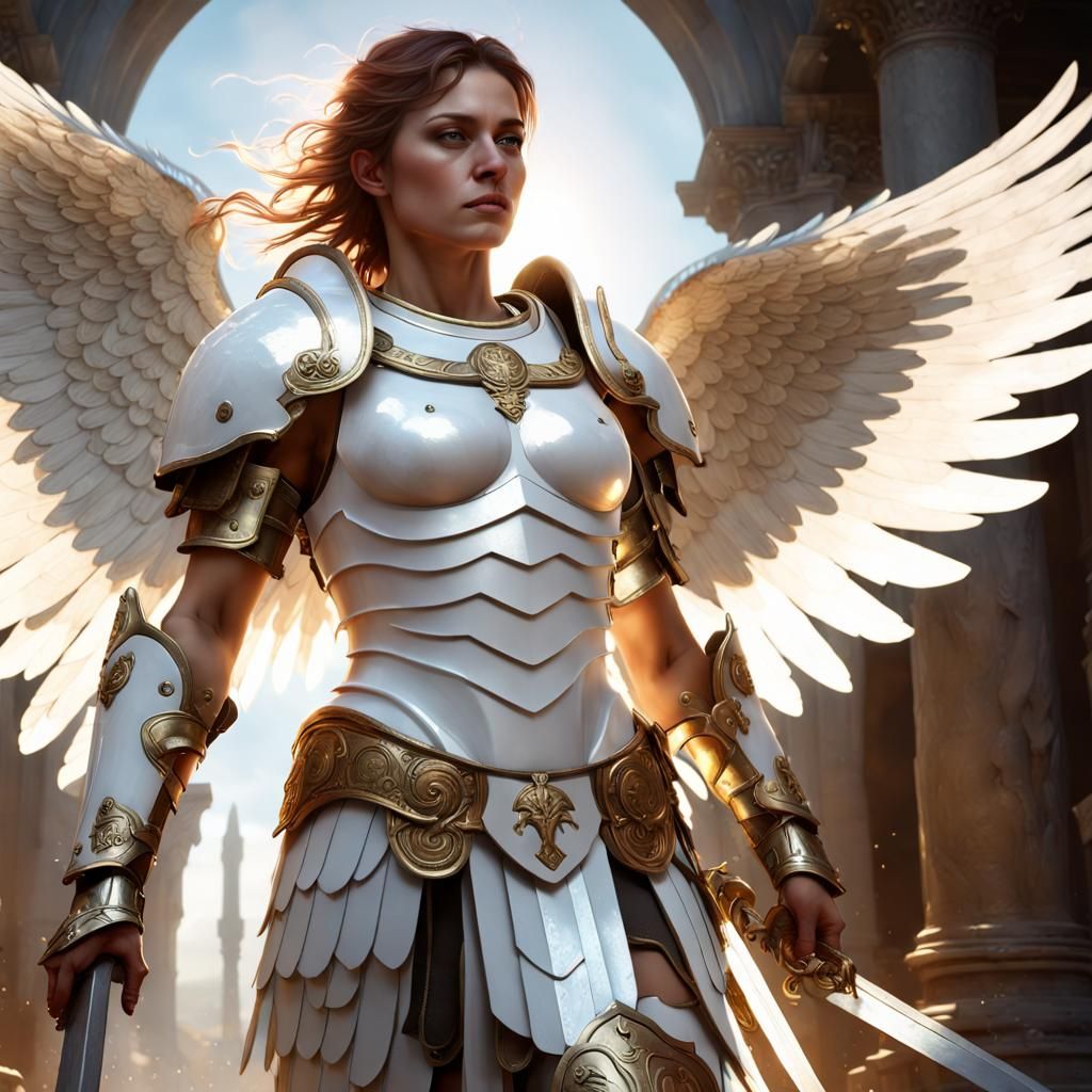 Radiant Female Warrior in Holy Spartan Armor