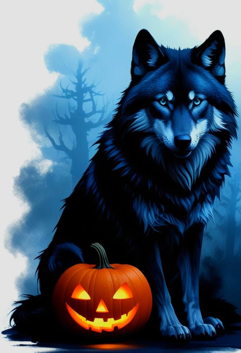 Dark Fantasy Wolf With Glowing Eyes Beside Jack-o'-Lantern
