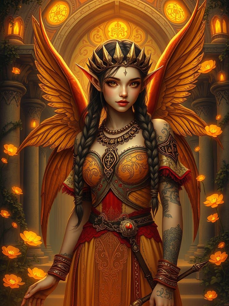 Fantasy Angel in Golden Pointillism Temple