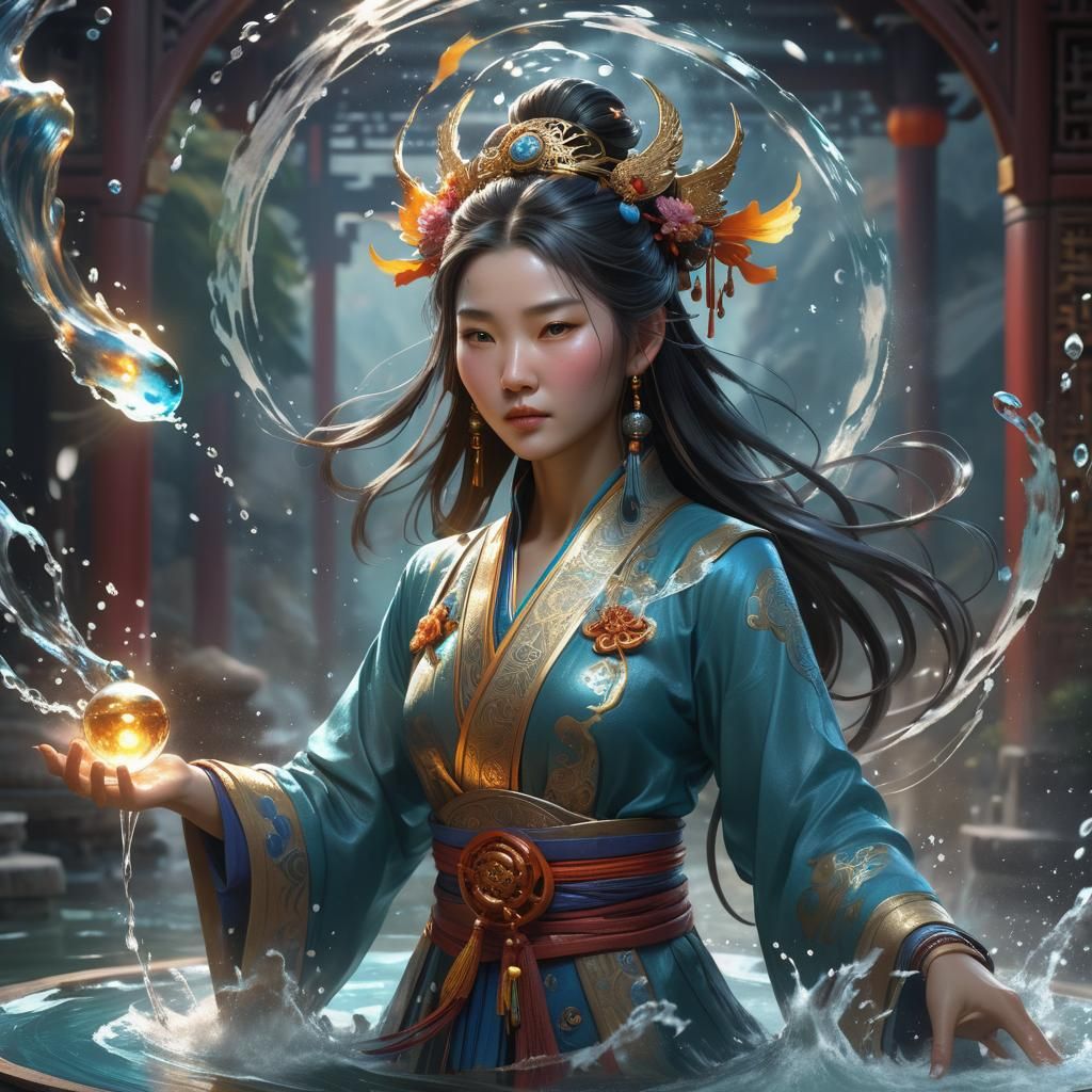 Chinese Sorceress Casting Water Spell Portrait