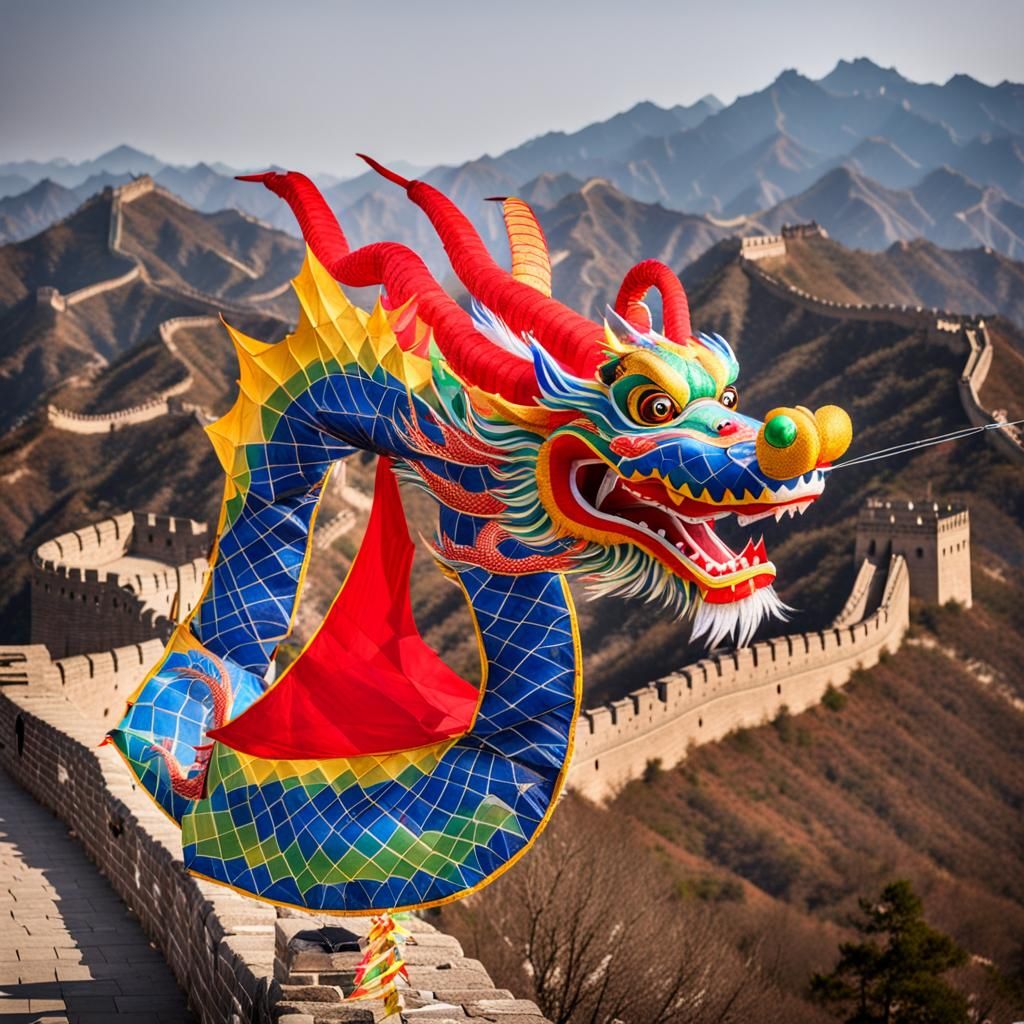 Chinese Dragon Kite Over Great Wall of China