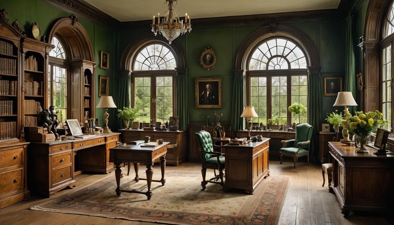 1920s Manor House Study: Antique-Filled Room in Watercolor S...