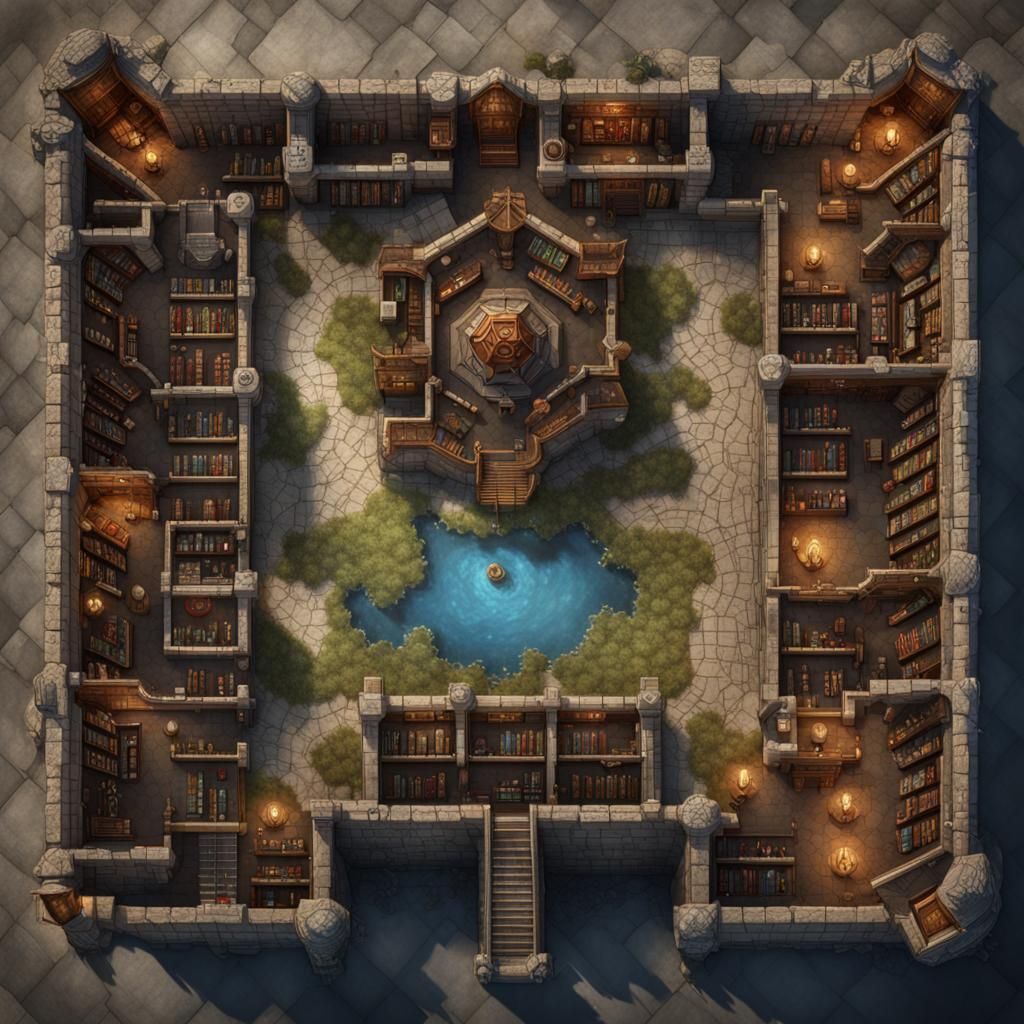 D&D Battlemap: Hyperdetailed Library Top-Down View