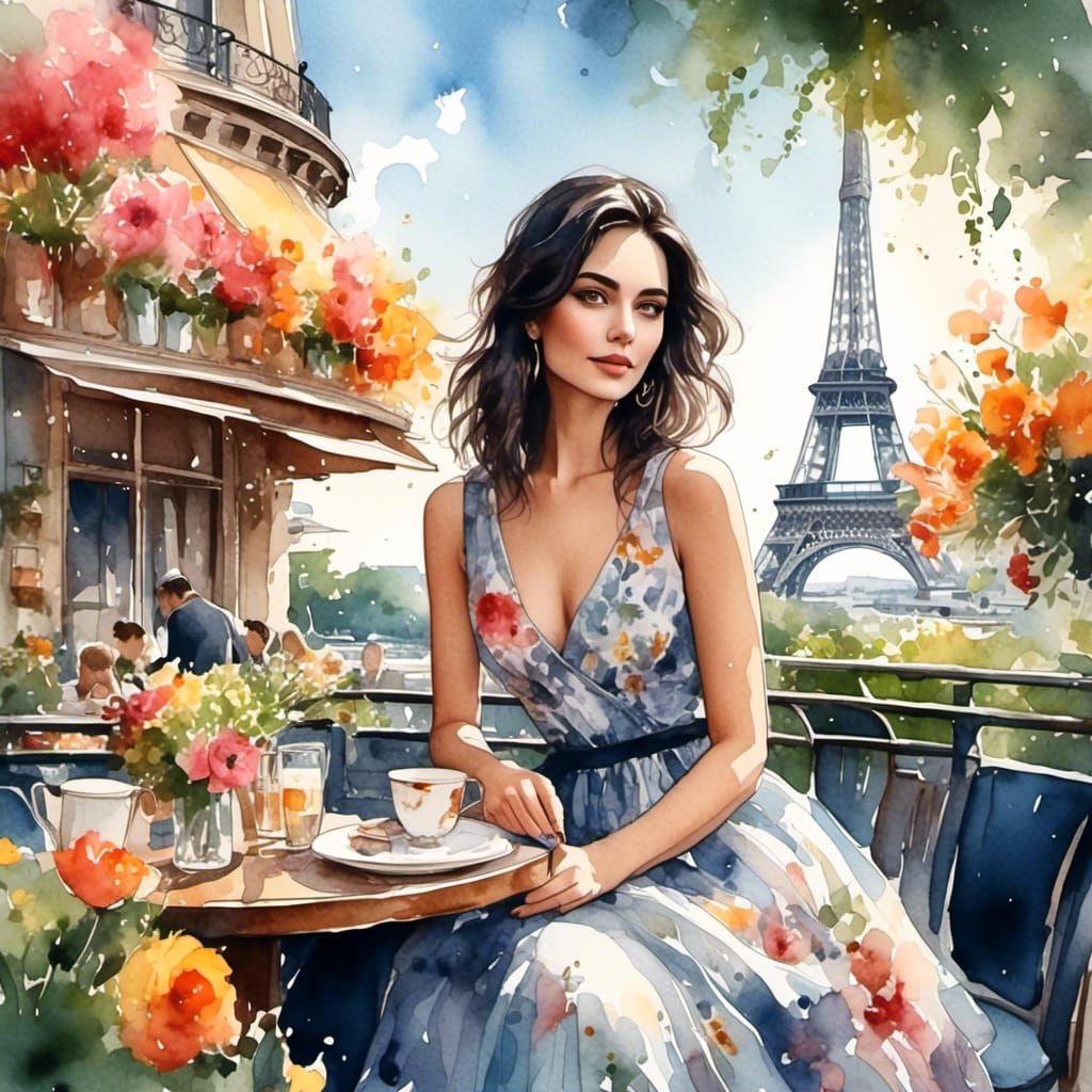 Woman at Paris Cafe, Watercolor Painting Style
