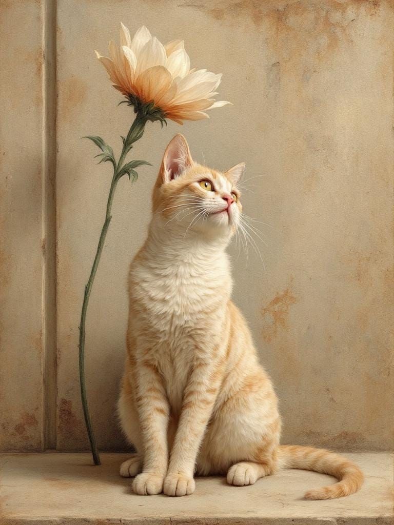Cat Under Flower in Renaissance Fresco Style