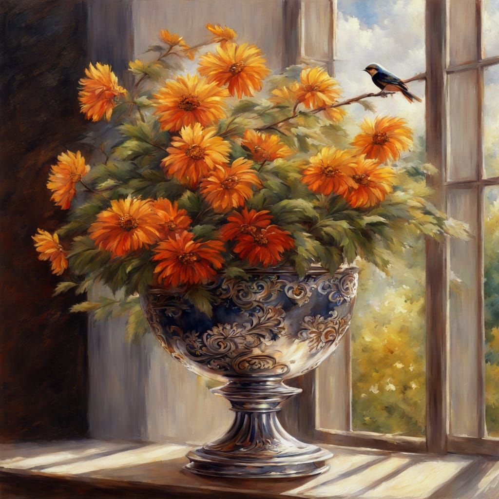 Anime Bird and Silver Bowl Oil Painting