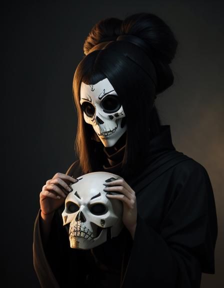 Girl with Death Mask in Animation Style