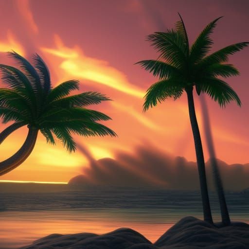 Single Palm Tree Sunset: Detailed Fantasy Art