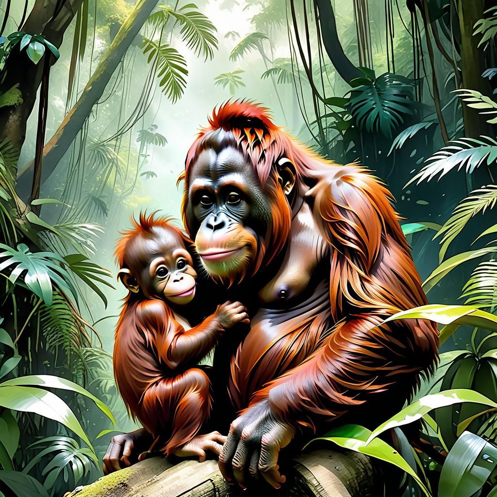 Orangutans in Malaysian Jungle Watercolor Manga Illustration