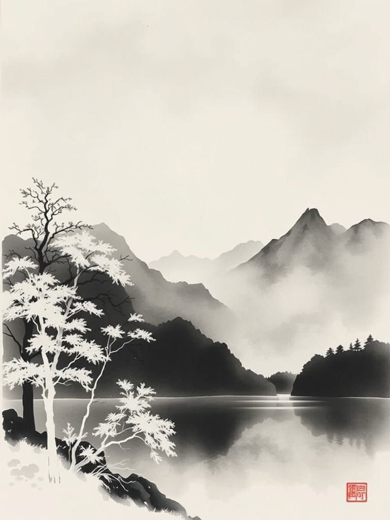 Serene Japanese Landscape in Traditional Sumi-e Style