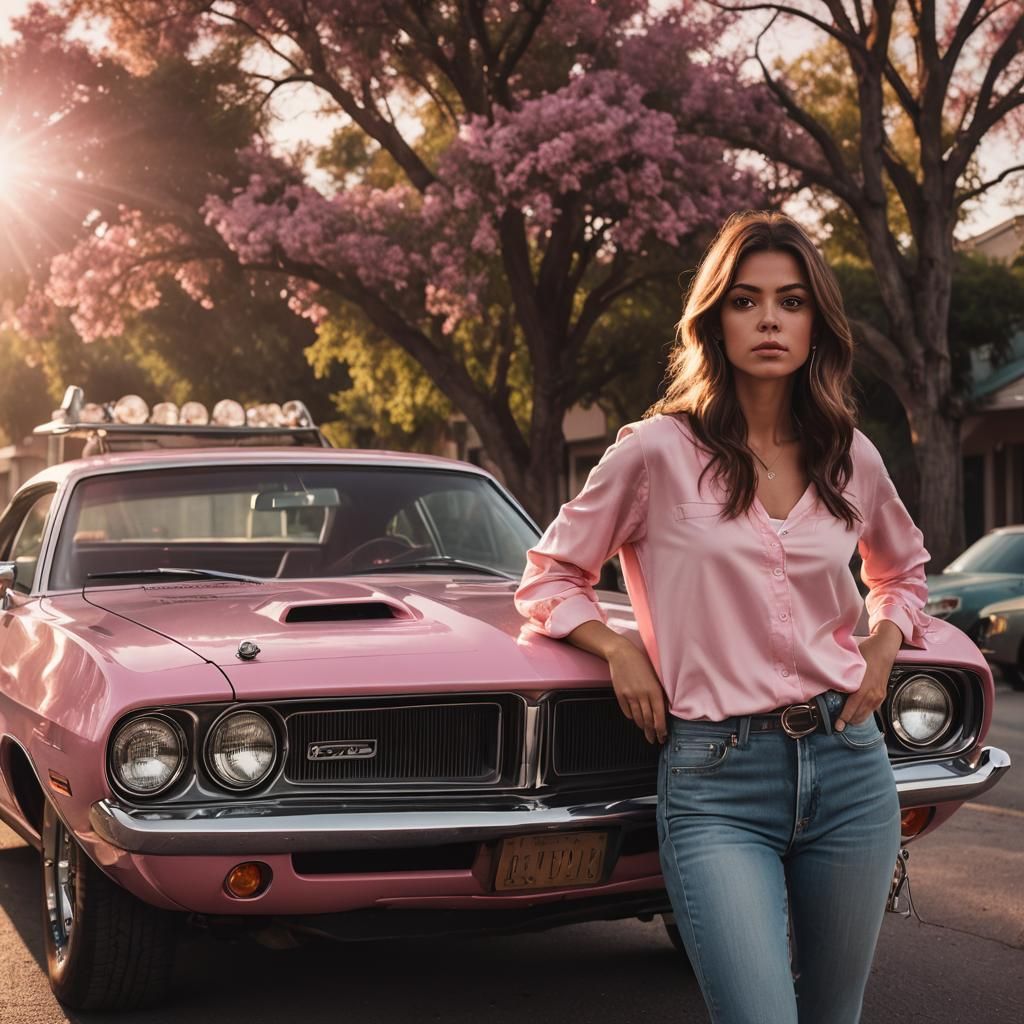 Pink 1970 Barracuda with Woman, Cinematic Car Photography