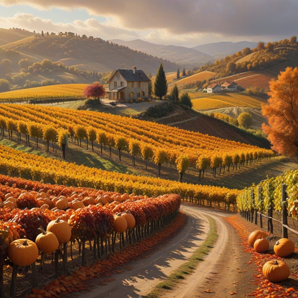 Autumn Vineyard Scene with Pumpkins and Fallen Leaves