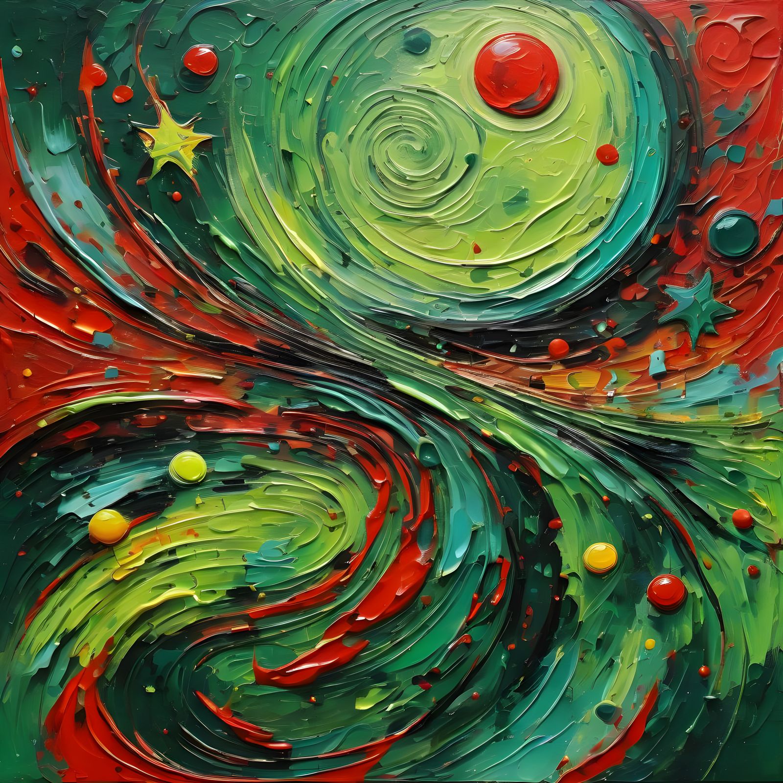 Abstract Oil Painting in Red and Green Tones