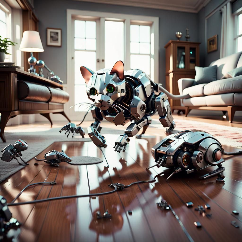 Cat Chasing Robotic Mouse in Futuristic Living Room