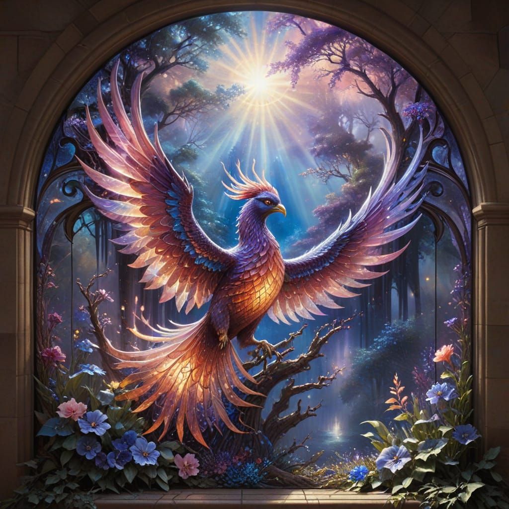 Stained Glass Phoenix Rising From Ashes